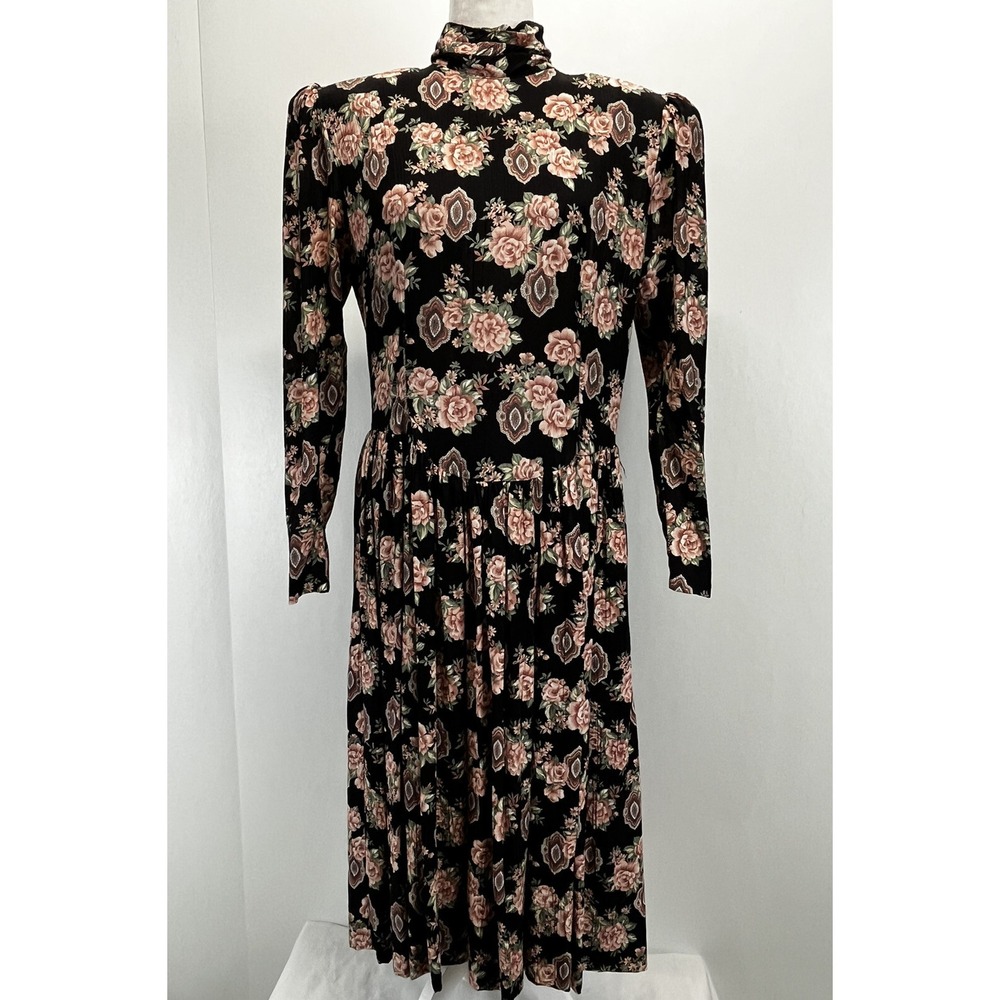 Vintage Ann Taylor Floral Midi Dress 12 Pleated Skirt High Neck Shoulder pads